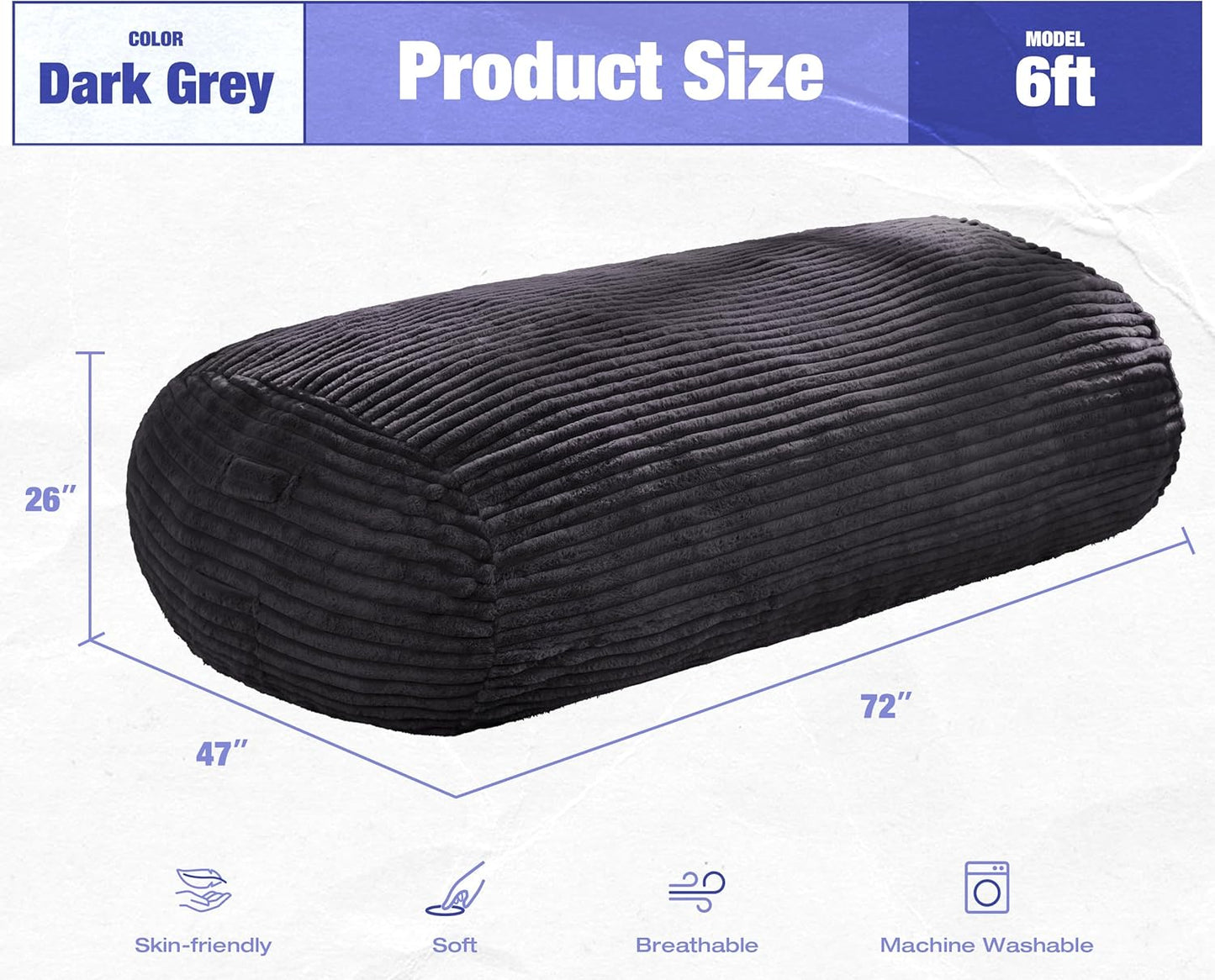 Hobestluk 6FT Bean Bag Chairs Adult Bean Bag with Portable Handle Comfy Large Bean Bag Lounge Chair with Removable Cover for Living Room Bedroom (Stripe Dark Grey, 6FT)