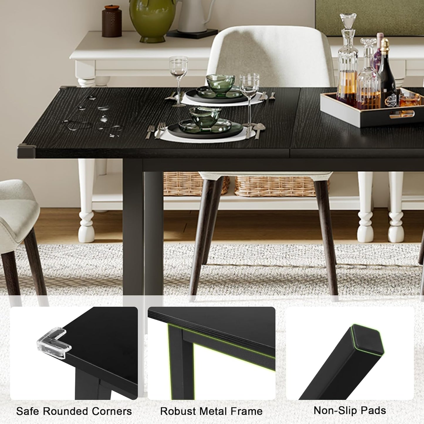 Feonase 63 Inch Extendable Kitchen Table, Modern Farmhouse Dining Table for 4-8, Wooden Dining Room Table for Small Space, Dining Room, Home Office, Living Room Furniture,Black