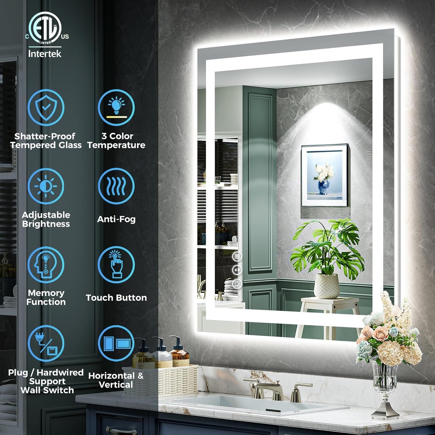 28x32 Inch LED Bathroom Mirror with Lights Front and Backlit Lighted Vanity Mirror for Bathroom Wall with 3 Colors Dimmable Anti-Fog Memory Shatter-Proof IP54 Waterproof Horizontal/Vertical
