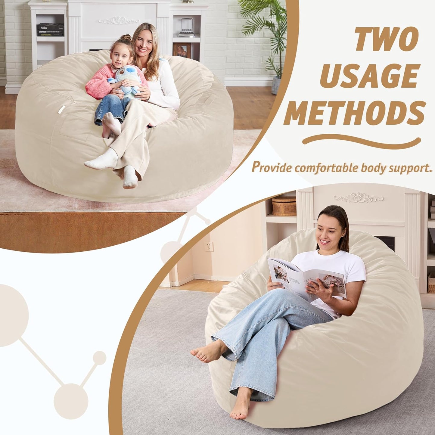 5FT Bean Bag Chair with Ultra Soft Velvet Cover Bean Bag Sofa with Memory Foam Bean Bag Chairs with Large Size Lazy Sofa for Dorm Office Living Room Bedroom Beige 5'