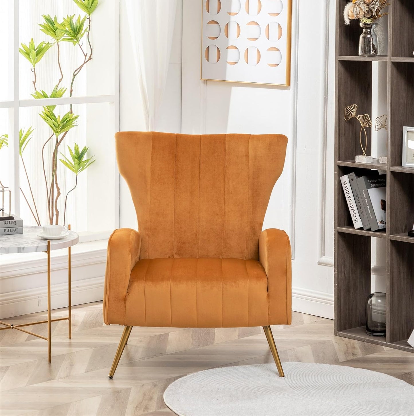 Container Furniture Direct Modern Velvet Accent Chair, Channel Tufted Bedroom, Office or Living Room Furniture with Elegant Metal Legs, 26" Wide Armchair, Mustard Yellow