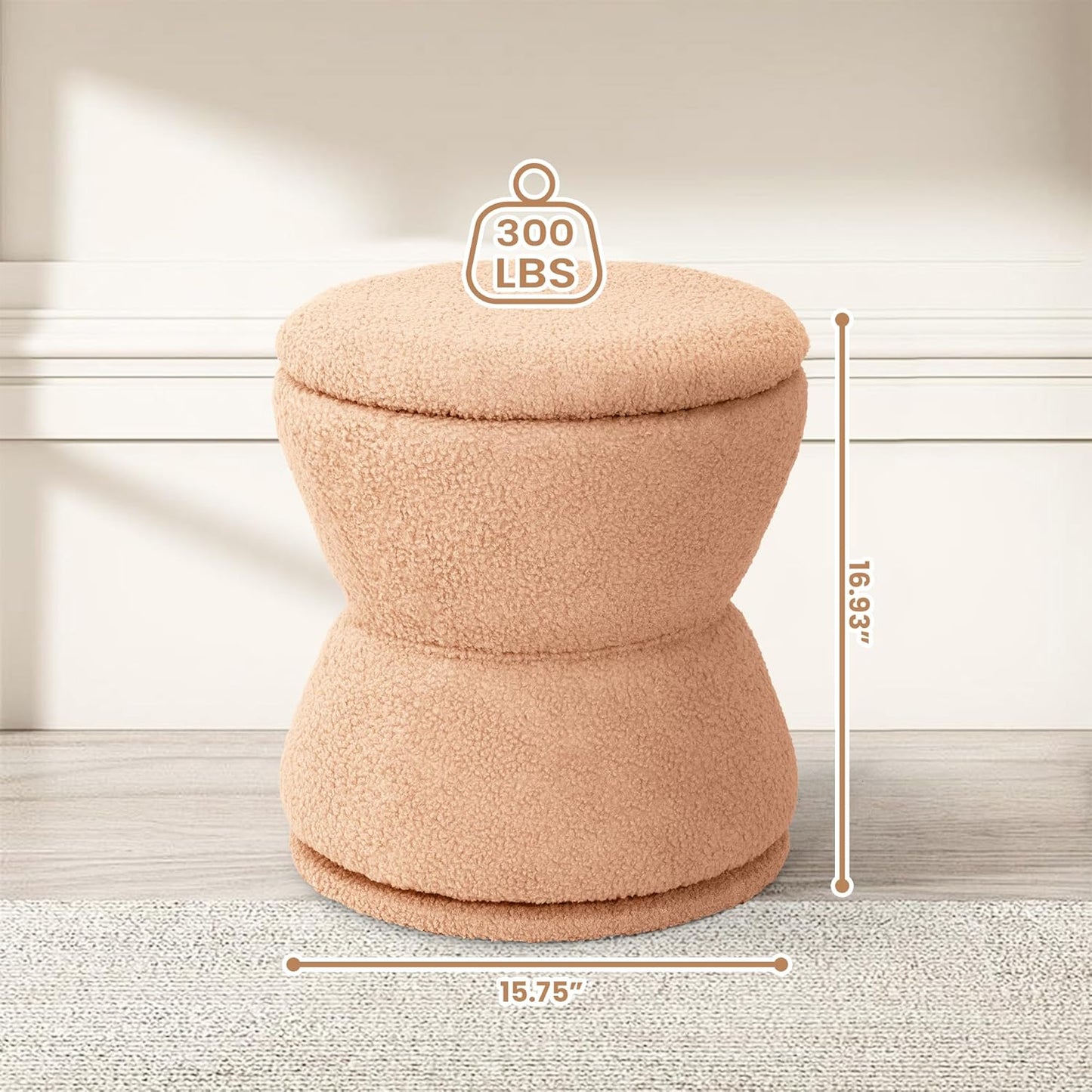 360 ° Swivel Storage Ottoman, Boucle Ottoman Vanity Stool, Upholstered Footstool with Storage Removable Lid, Modern Round Boucle Footrest Coffee Table for Living Room, Dorm, Makeup Room, Coral