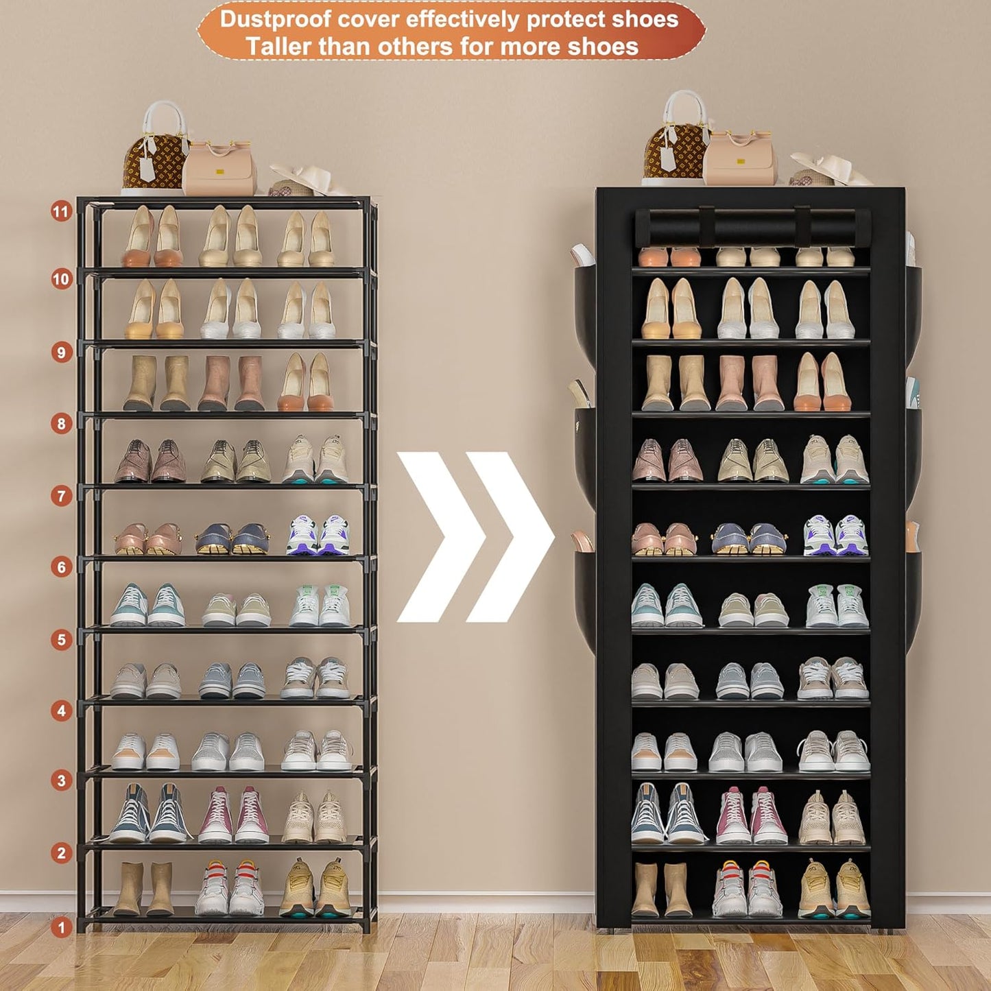 Large Shoe Rack, Black, 6 Side Pockets, 23.6" Wide x 11.4" Deep x 68.9" Tall, 36-41 Pairs of Shoes