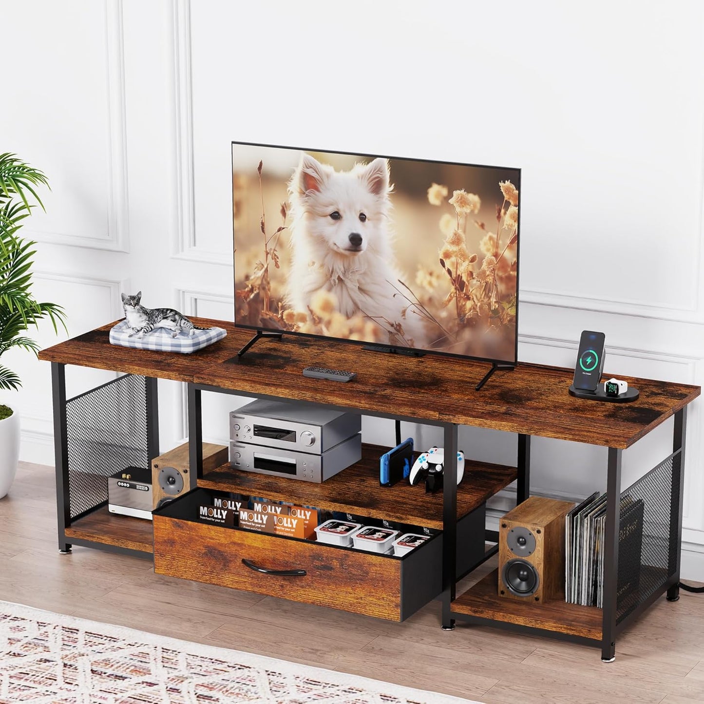TV Stand with Drawers and Power Outlet for 65 60 55 Inch TV, Entertainment Center with Open Storage Shelves, Industrial Media TV Console Table for Living Room Bedroom Office, Rustic Brown
