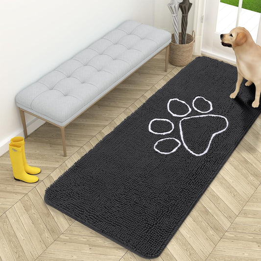 OLANLY Door Mat for Muddy Dog Paws 59x24, Ultra Absorbent Chenille Mud Doormat with Paw Print Design, Non-Slip Washable Doormat for Indoor Entryway, Quick-Dry Pet Bed Mats for Dirty Dogs, Dark Grey