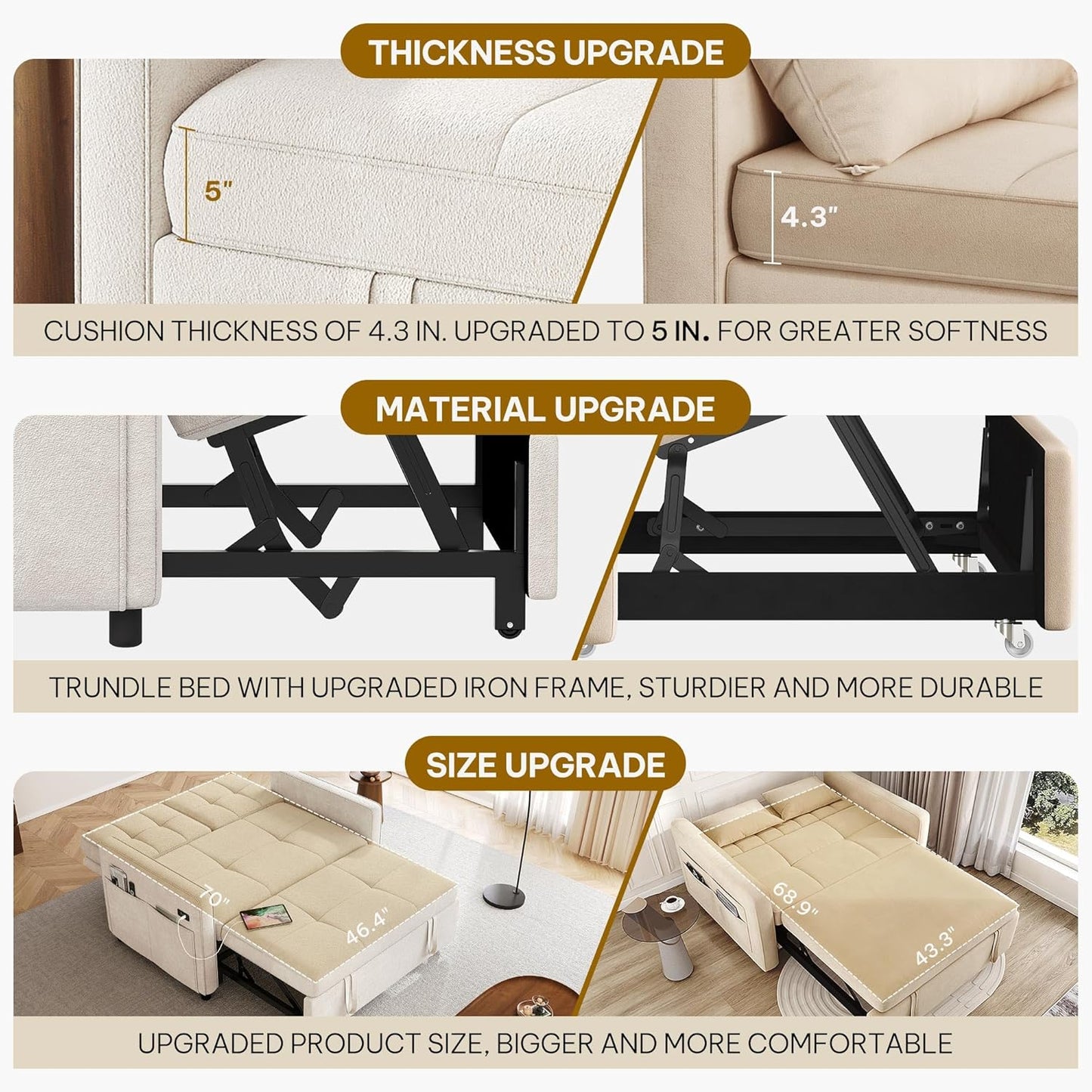 DWVO 55" Convertible Sofa Bed, 3-in-1 Sleeper Sofa with Pull-Out Couch, Velvet Futon Couch with Adjustable Backrest and USB, Modern Loveseat for Living Room Apartment, Light Beige