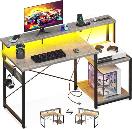 AODK Computer Desk, 48 Inch Gaming Desk with Led Lights & Power Outlet, Office Desk with Storage Shelves, Reversible Desk with Monitor Shelf & Headphone Hook, Grey Oak