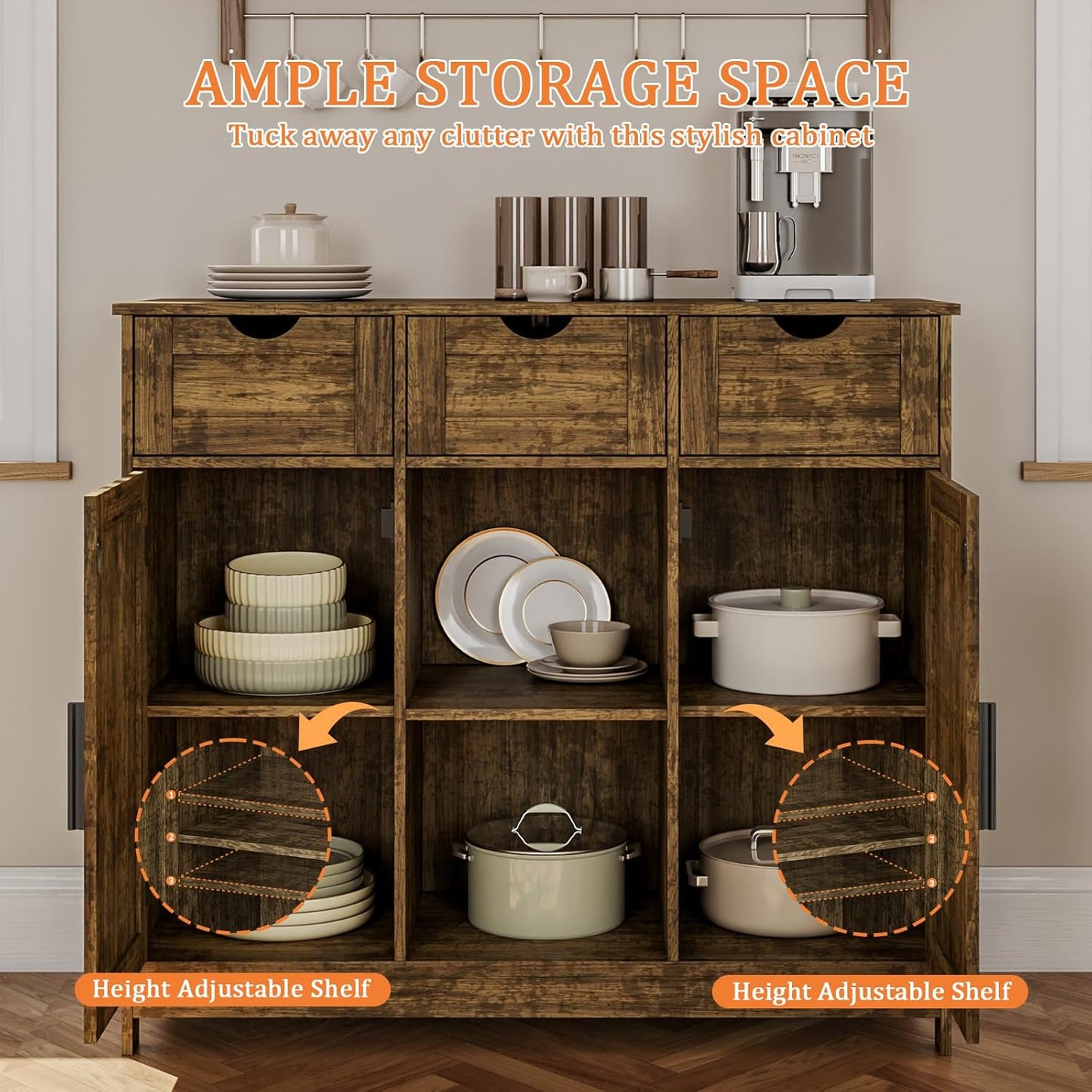 Storage Cabinet, Coffee Bar Cabinet with 2 Adjustable Shelves, 3 Drawers, and 2 Doors, for Bathroom, Kitchen, Living Room (Retro)