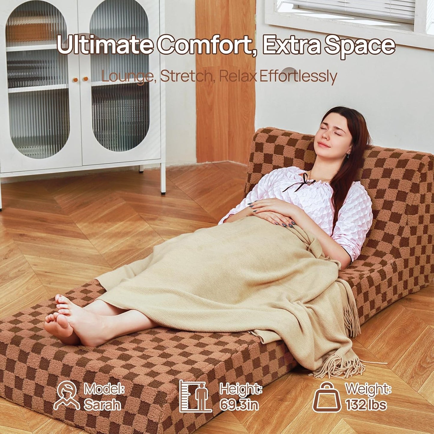 Bean Bag Chair for Adults, Folding Sofa Bed, Convertible Sleeper Lounge Chair, Full Foam Filling Comfy Floor Sofa, Folding Chair Bed for Living Room、Bedroom and Office (Brown)