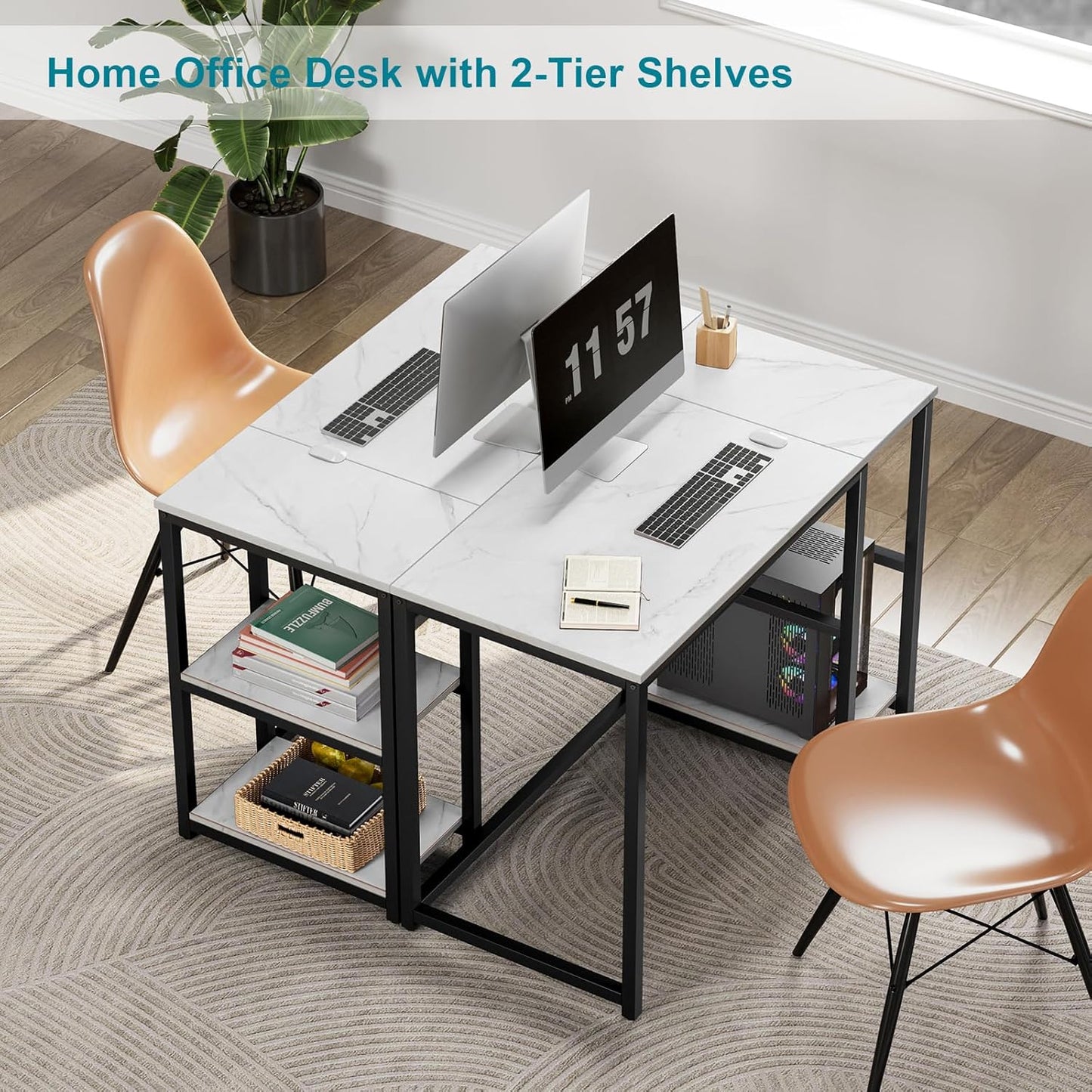 SINPAID Computer Desk 40 inches with 2-Tier Shelves Sturdy Home Office Desks with Large Storage Space Modern Gaming Desk Study Writing Laptop Table, Black Marbling (White Marble, 40 inch)