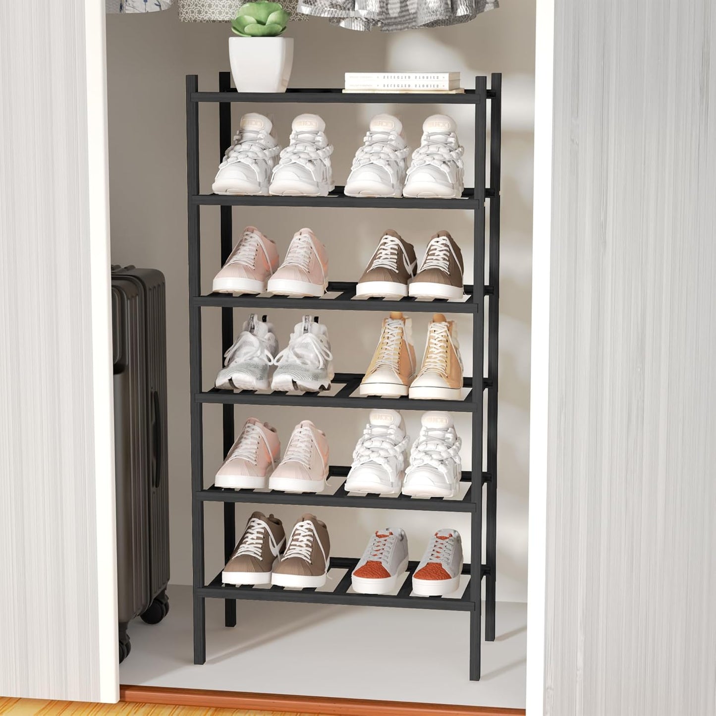 6-Tier Bamboo Small Shoe Rack, Free Standing Wood Shoe Shelf Storage Organizer for Closet Entryway Stackable (Black)