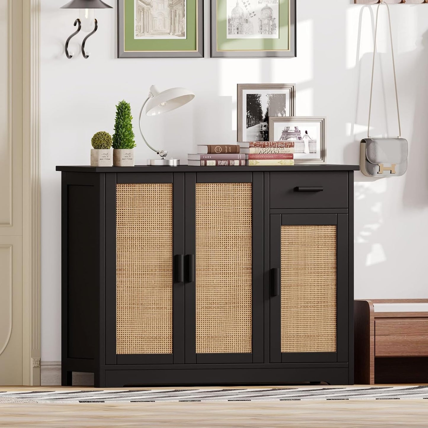 Irontar Kitchen Storage Cabinet, Sideboard Buffet Cabinet with Rattan Doors, Farmhouse Console Table with Drawer, Coffee Bar, Accent Table for Kitchen, Living Room, Hallway, Black and Natural CWG010BM