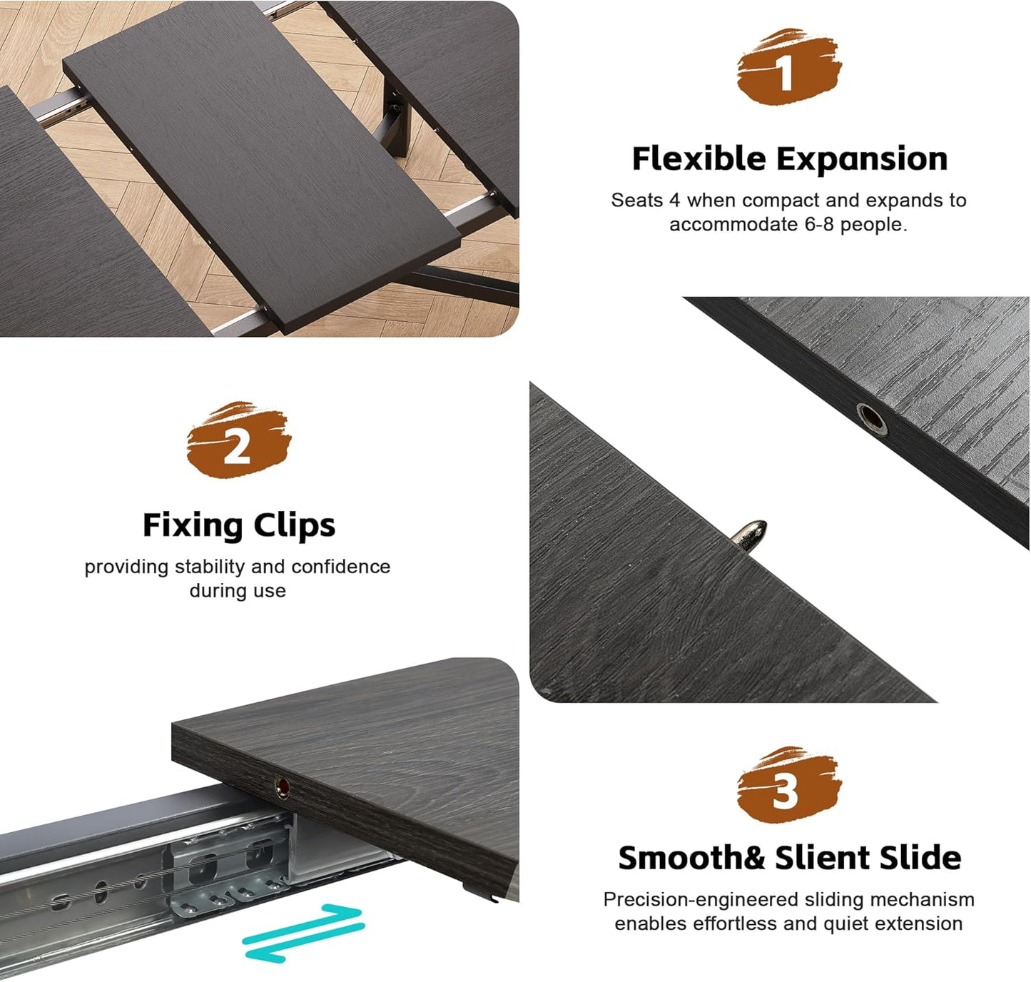 Dining Table for 4-6,62“Extendable Round Kitchen Dining Room Table, Space Saving Rectangle Large Expandable Wood Dinner Furniture for Small Space（47-62In*28In*30In） (Grey)