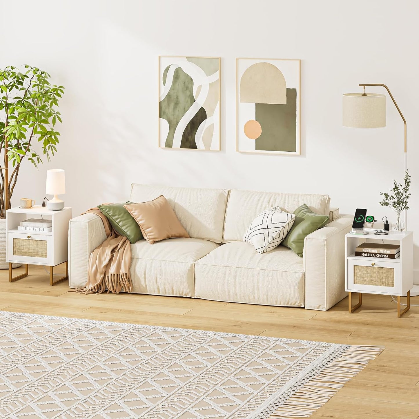 Masupu Extra Large Rattan Nightstand with Charging Station,Boho Night Stand Modern Farmhouse Wood Bedside Table with Storage Drawer and Open Shelf,Side End Table for Bedroom,Living Room,Office White