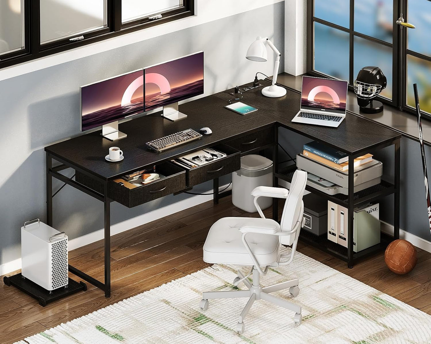 AODK 61 Inch L Shaped Computer Desk with Drawers, Corner Desk with Power Outlets & Reversible Storage Shelves, Movable CPU Stand for Home Office Gaming, Black