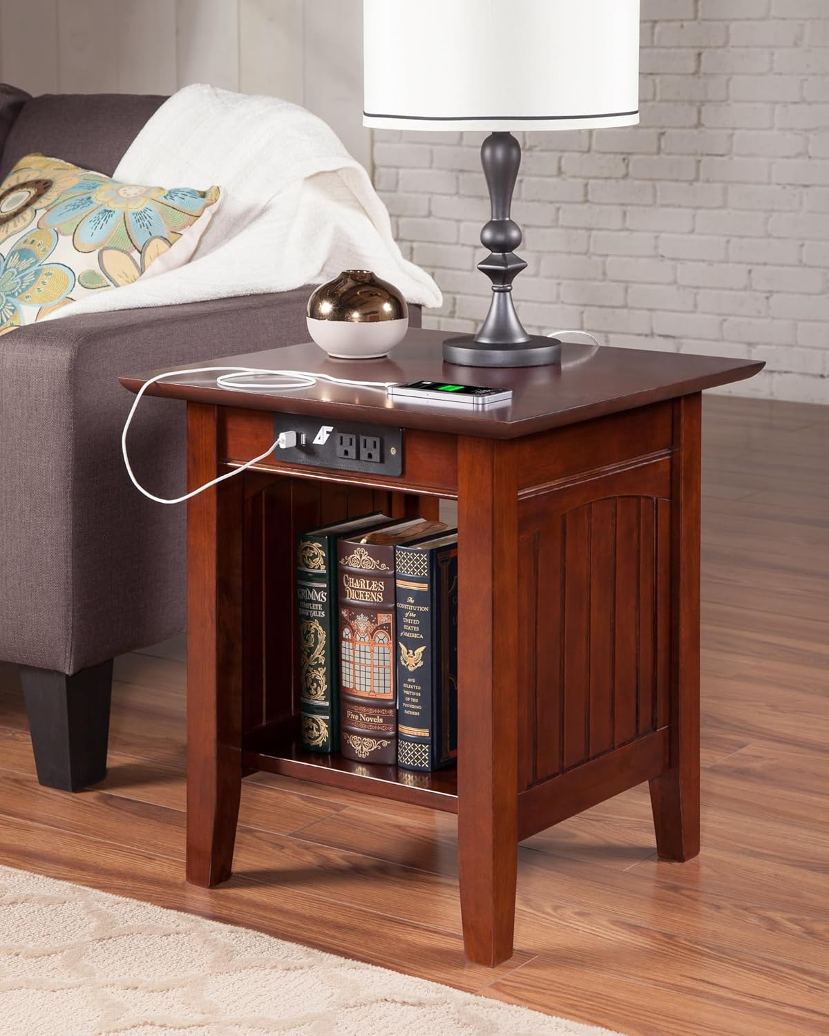 AFI Nantucket End Table with Built-in Charger in Walnut