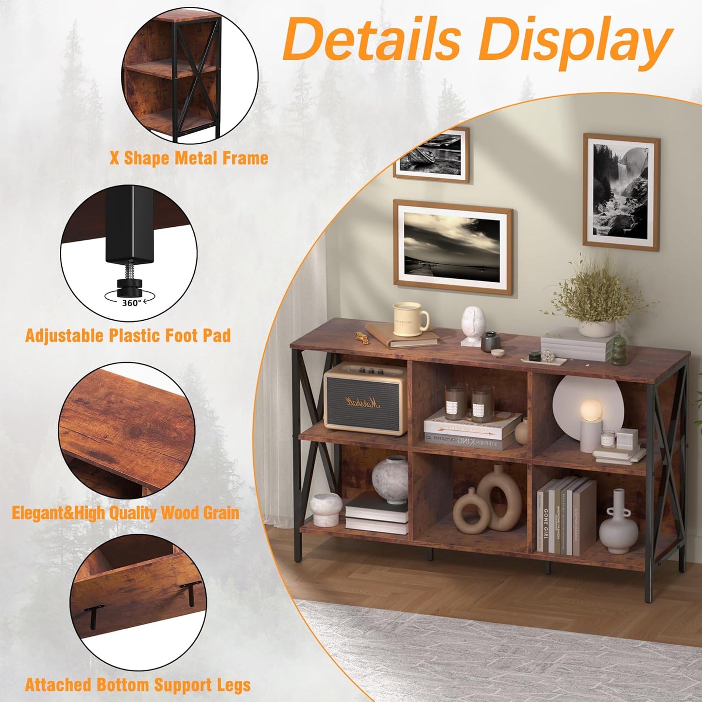 Horizontal Bookshelf Bookcase,Cube Storage Organizer Shelf,Industrial Wide Bookcase with Storage,Low Short Wide Cubby Shelves,Rustic Farmhouse Shelf for Office Bedroom Living Room,47 in(Brown,6 Cube)