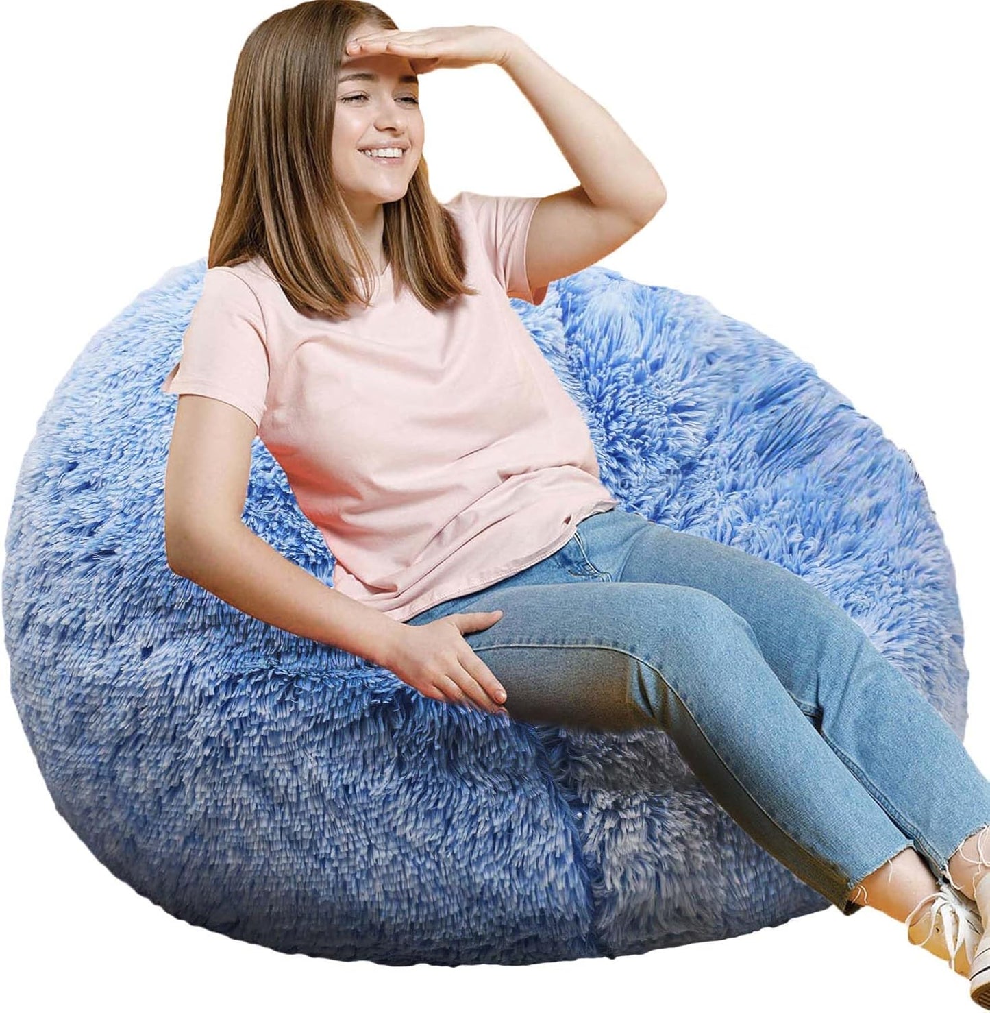 Fluffy Bean Bag Chair, 3FT Round Memory Foam Filled Bean Bag for Teens & Kids, Ultra Soft Faux Fur Fabric Bean Bag Chairs for Playroom, Living Room, Bedroom, Blue