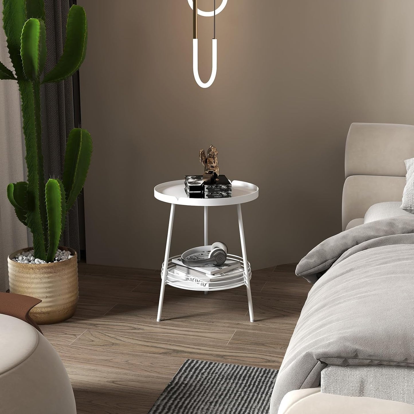 Benkyo 2 Tier White Metal Round Side Table Tiered Two Shelf Storage Coffee Sofa End Table for Living Room and Bedroom,White