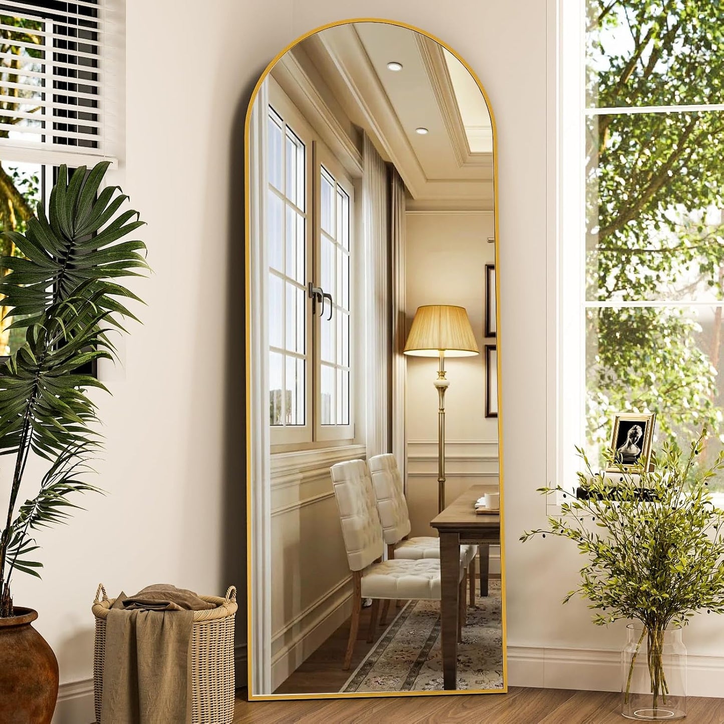 Arched Full Length Mirror, 64" x 21" Arch Floor Mirror with Stand, Full Length Wall Mirror Hanging or Leaning Arched-Top Full Body with Stand for Bedroom, Dressing Room, Gold