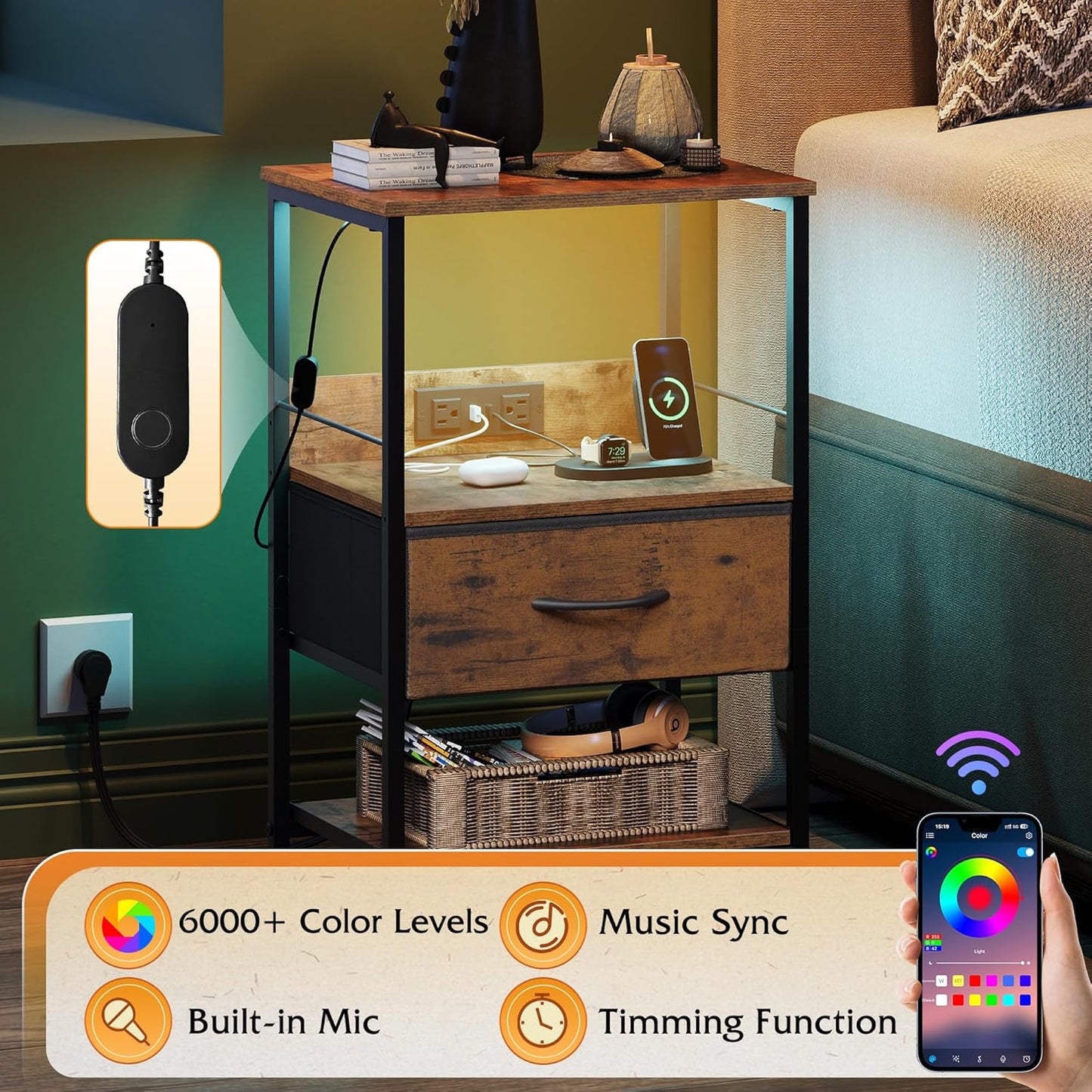 WLIVE Night Stand with Charger Station, LED Nightstand with Adjustable Fabric Drawer, 3-Tier Storage Bedside Table, Small End Side Tables for Bedroom, Rustic Brown