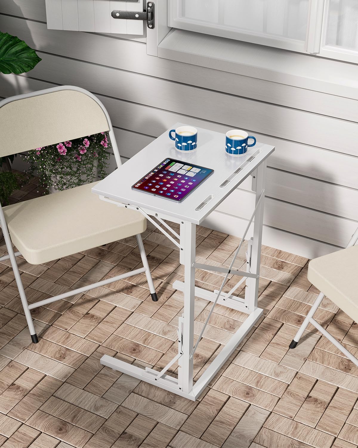 21''Wx28''H Folding TV Tray for Eating, Small Foldable C-Shaped Tray Table with Tablet and Phone Slots, Slide Under Couch Side Table for Recliner, Living Room, Bedroom, White