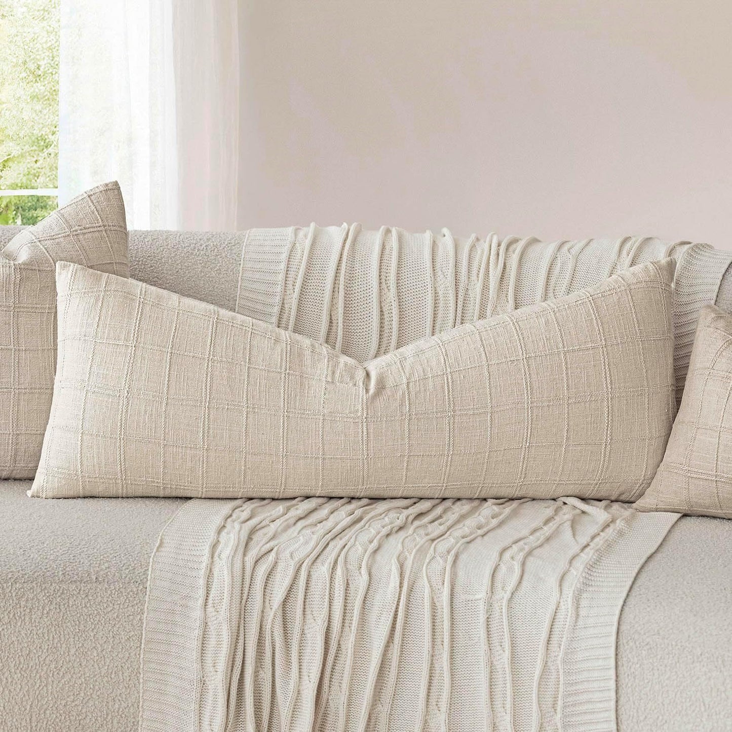 Foindtower Set of 2 Decorative Linen Check Throw Pillow Covers Neutral Long Body Lumbar Cushion Covers Farmhouse Vintage Home Decor for Sofa Chair Couch Bedroom Living Room,14×36 Inch,Natural Beige