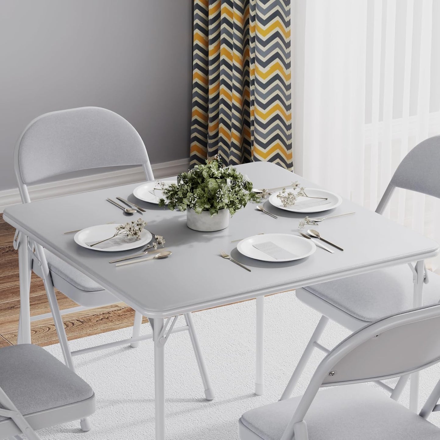 VECELO Portable Folding Card Table Square and Chair Set (5pc) with Collapsible Legs & Vinyl Upholstery, Metal, Grey