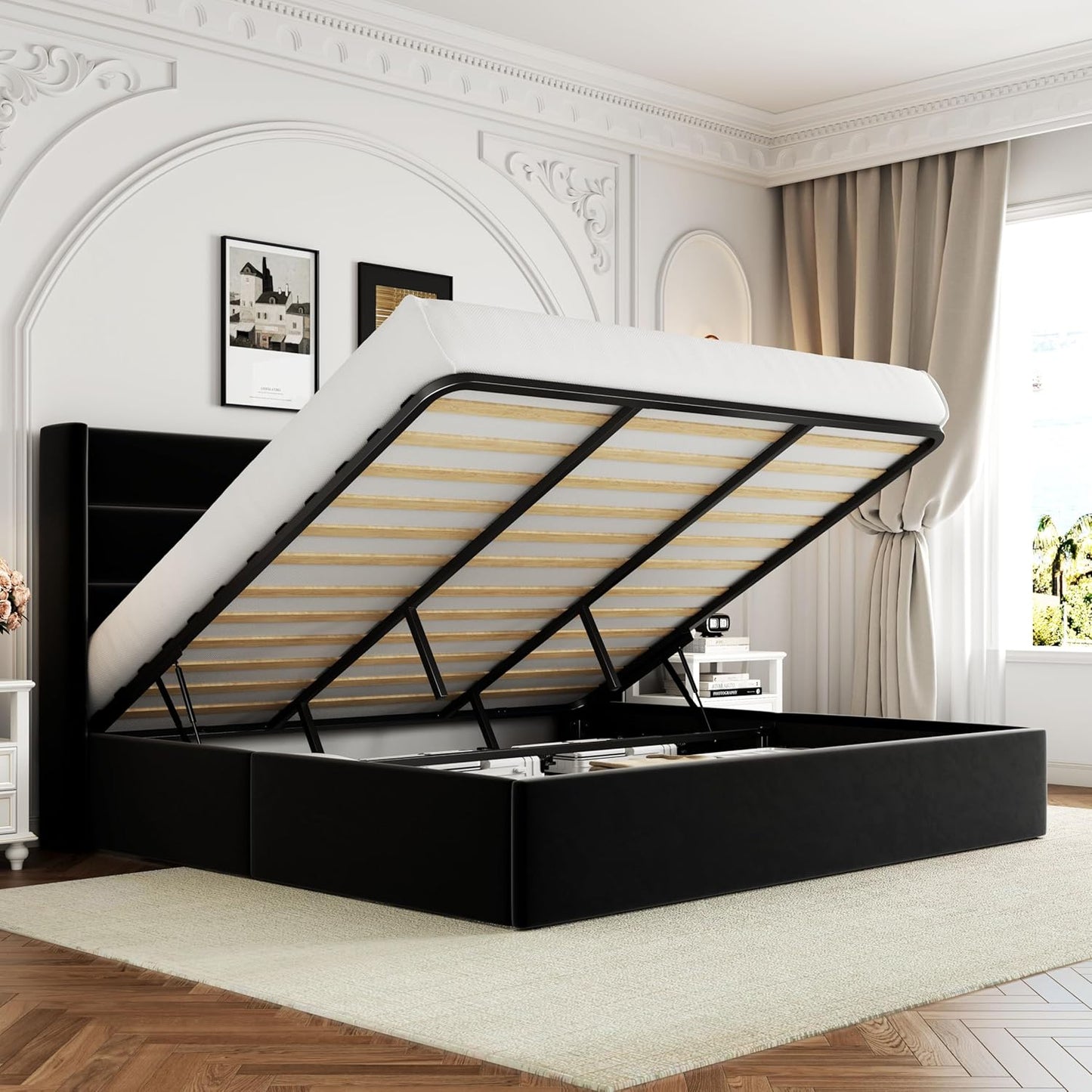Allewie King Size Velvet Lift Up Storage Bed, Modern Wingback Headboard, Hydraulic Support, No Box Spring Needed, Black
