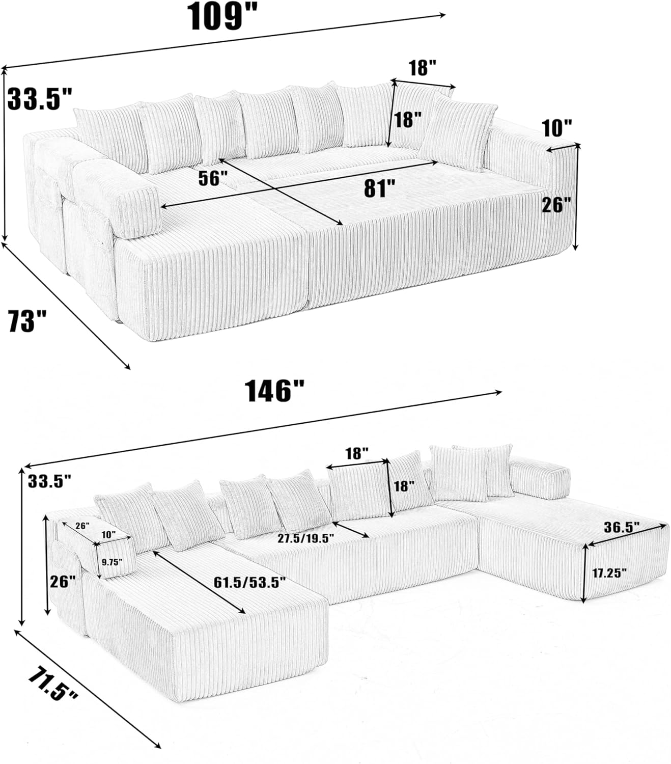 Eafurn DIY Combination Compression Modular Sectional Sofa with Double Chaise Lounge, 146" Oversized U Shaped Boneless Couch with Deep Seat Convertible Sleeper Sofabed w/Throw Pillows