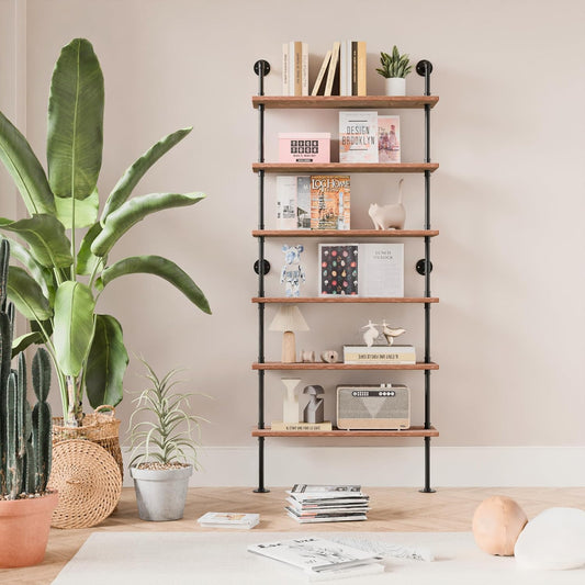 6 Tier Industrial Ladder Pipe Shelf Bookcase, Rustic Wall Mounted Pipe Bookshelves for Decor and Storage