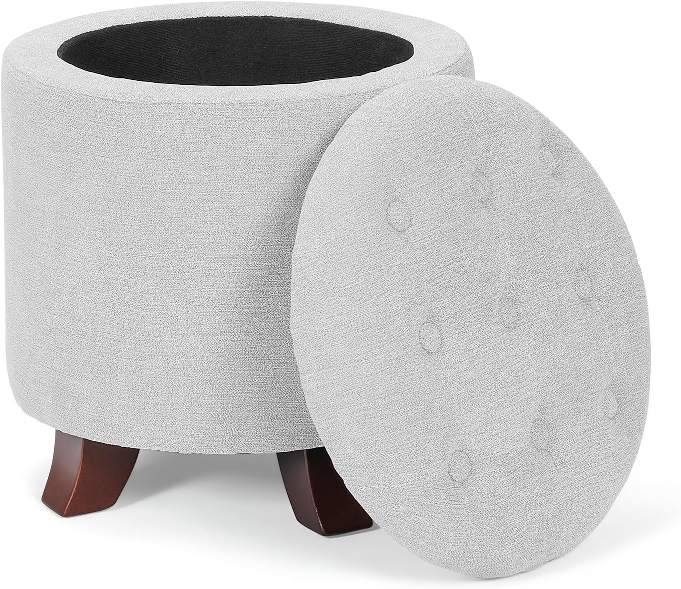 Athena Collection 15 Inch Small Ottoman with Storage, Round Linen Fabric Storage Ottoman Foot Rest with Removable Lid, Multipurpose Footstool Footrest for Living Room, Bedroom, Dorm, Grey