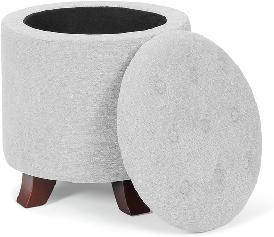 Athena Collection 15 Inch Small Ottoman with Storage, Round Linen Fabric Storage Ottoman Foot Rest with Removable Lid, Multipurpose Footstool Footrest for Living Room, Bedroom, Dorm, Grey