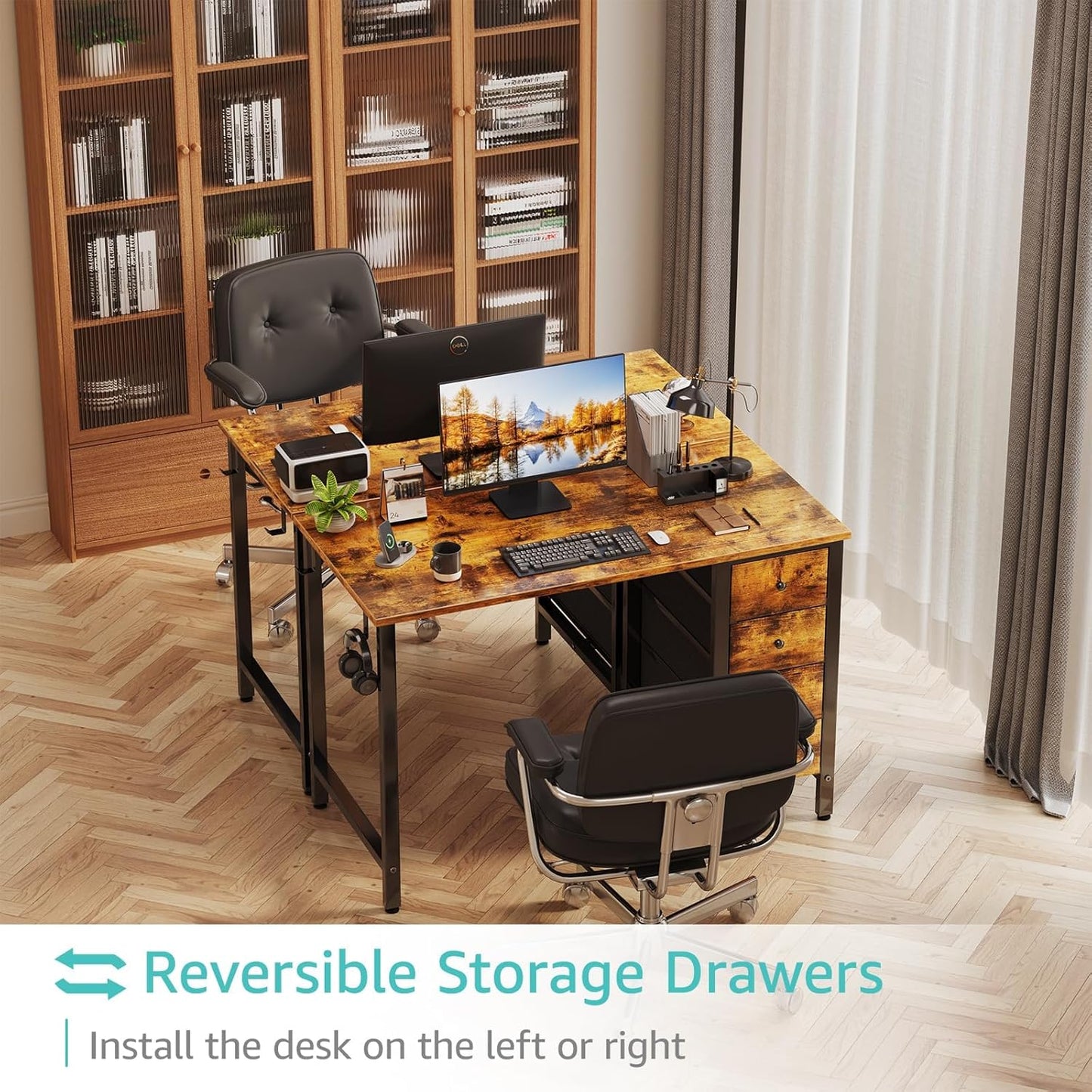 Lufeiya 40 inch Computer Desk with 4 Fabric Drawers, Kids Student Reversible Small Desks for Home Office Small Space, Work PC Desk Table for Bedroom, Rustic Brown