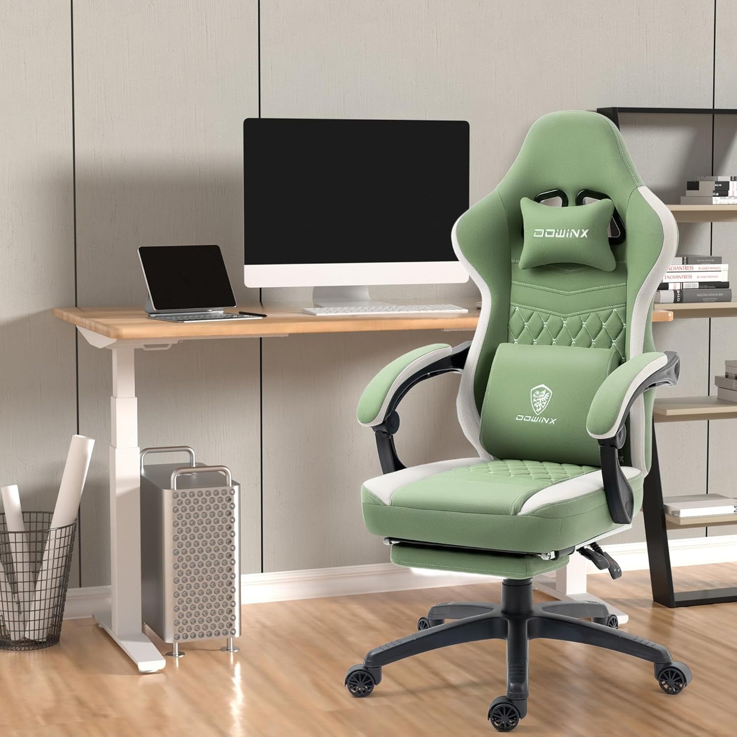 Dowinx Gaming Chair Breathable Fabric Game Chair with Gel Pad and Storage Bag, Comfortable Gamer Chair with Pocket Spring Cushion, Ergonomic Computer Chair with Footrest, Green