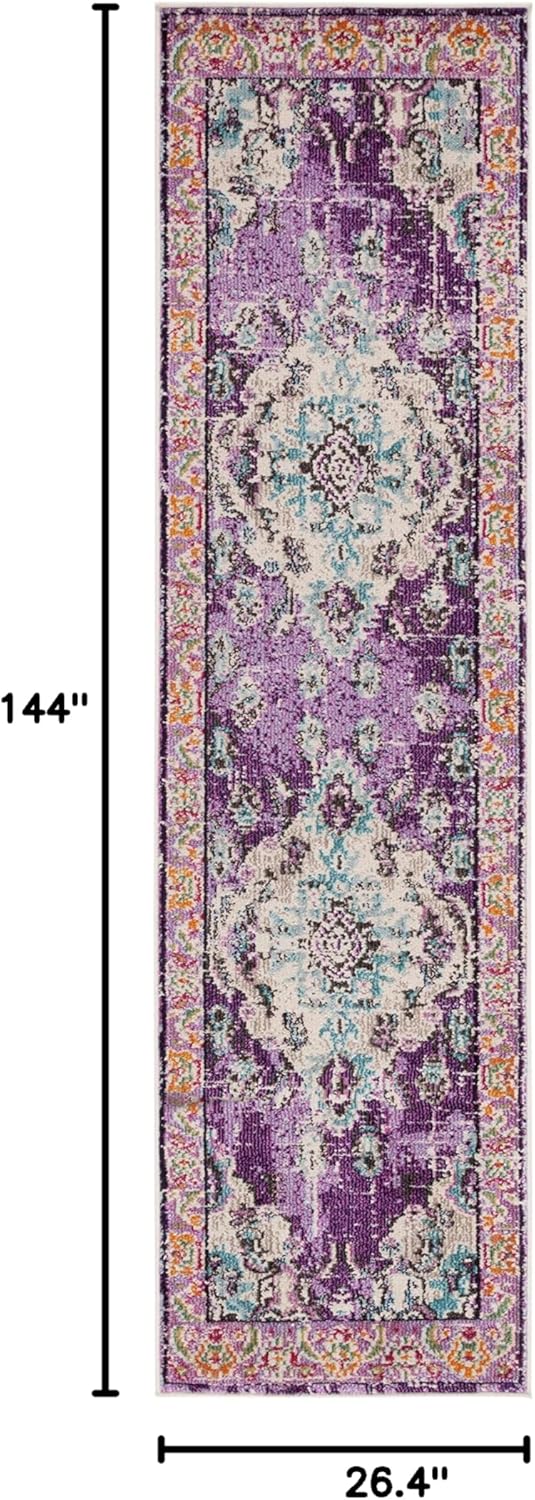 SAFAVIEH Monaco Collection Runner Rug - 2'2" x 12', Violet & Light Blue, Boho Chic Medallion Distressed Design, Non-Shedding & Easy Care, Ideal for High Traffic Areas in Living Room, Bedroom (MNC243L)