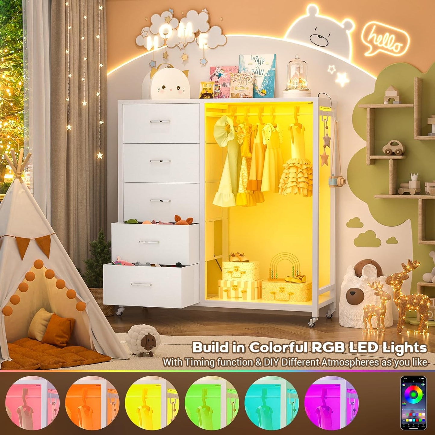 Cyclysio Dresser for Bedroom with Clothes Rack, 5 Fabric Drawers Dresser with Charging Station & LED Lights, White Storage Chest of Drawers with Wheels, Wooden Top, Lockable Wheels, Closet, White