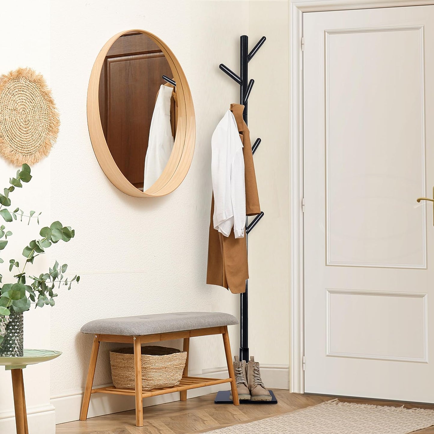 Yawinhe Coat Rack, Sturdy Woode Stand Tree with 8 Hooks, 3 Adjustable Height for Bedroom, Hallway, Entrance, Office, 11.8 x 70.8 inches, Black, 1-Pack, Square Base