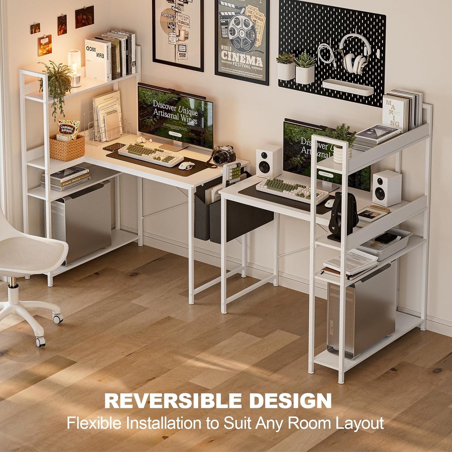 40 Inch L Shaped Computer Desk with Reversible Storage Shelves, Home Office Corner Desk Study Writing Table with Hutch, Study, White