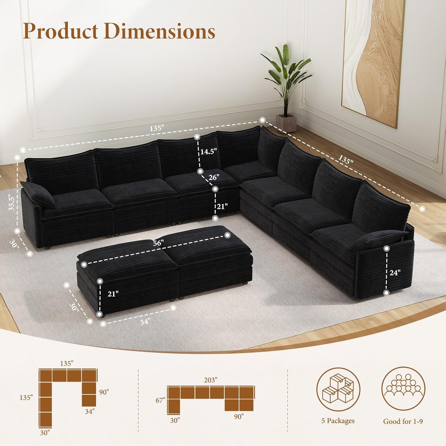 Vesgantti Large Modular Sectional Sofa, Big Comfy Cloud Couch with Ottoman Deep Seat Corduroy Cloud Sofa, 9 Seater Large Sectional Couches for Living Room, Bedroom and Apartment, Black