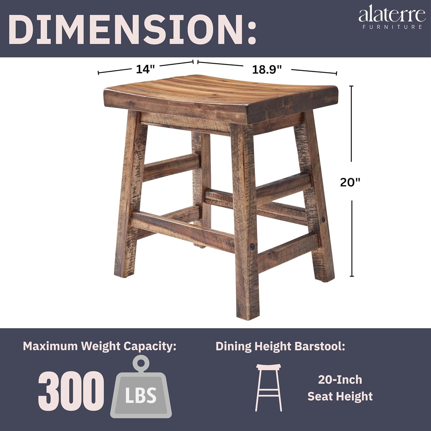 Alaterre Furniture Durango 20-Inch Tall Industrial Wood Dining Stool - Table or Extra Seat - Unique Rustic Industrial Style and Comfort - Farmhouse, Solid Wood Furniture