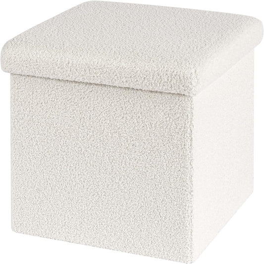 Folding Storage Ottoman Cube - Small Footrest with Sherpa Top, Multi-Functional Storage for Bedroom, Living Room,White