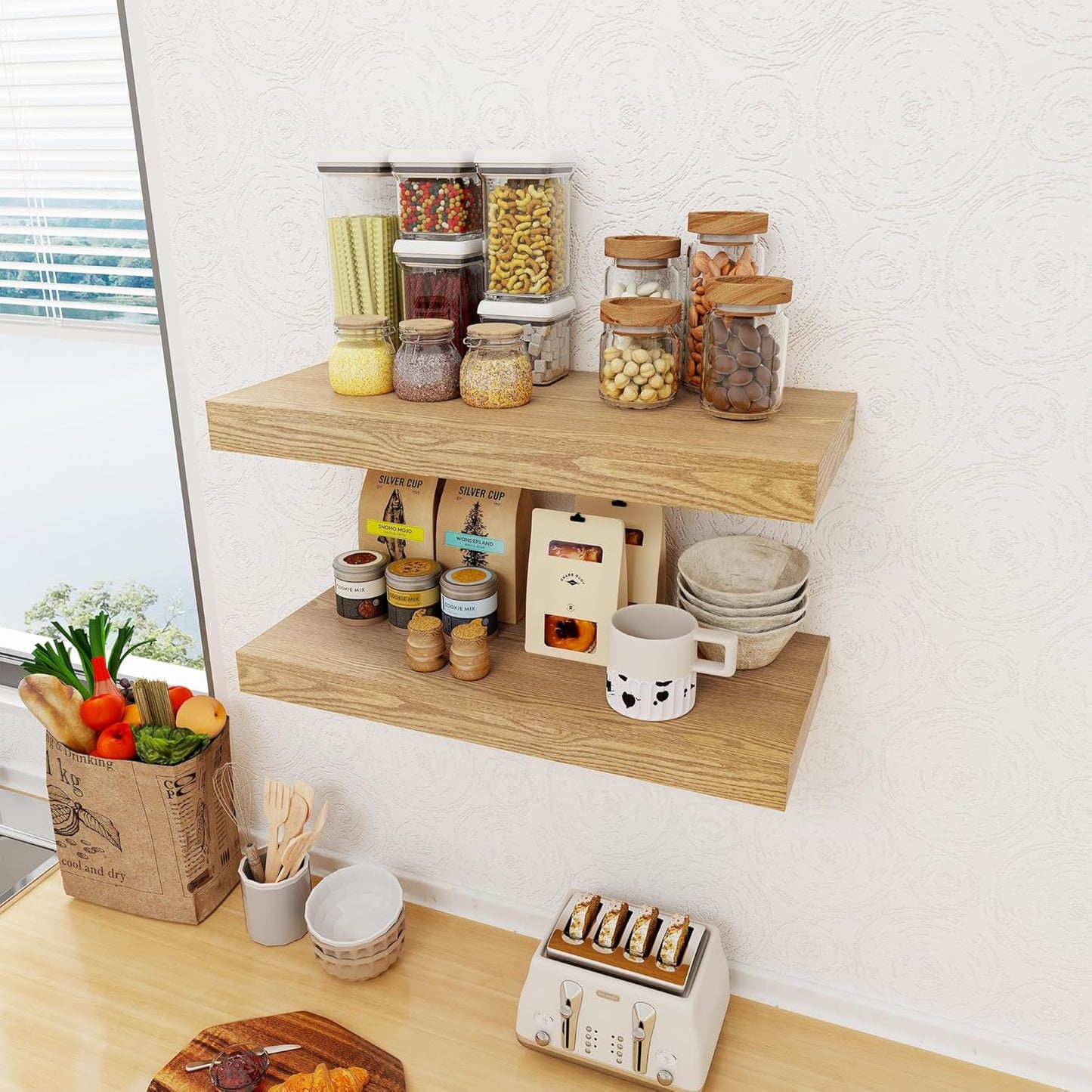 12 Inch Deep Floating Shelves, 24 x 12 Floating Shelf for Books, Rustic Wood Deep Wall Shelves for Home Storage & Display, 2" Thicked Shelves for Kitchen, Living Room, Bedroom, Oak Color, 2 Pack