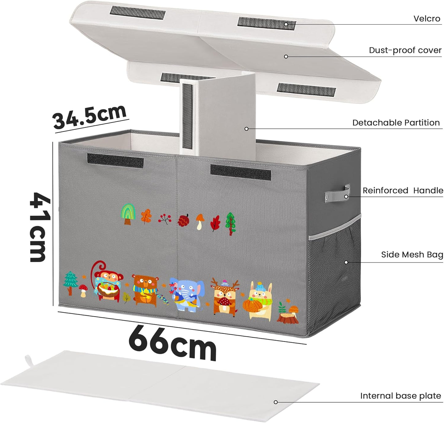 80L Large Toy Storage Box with Lid, Large Toy Box Chest for Kids, Girls and Boys, Nursery Room and Living Room, 26"x13" x16" (grey-animal)