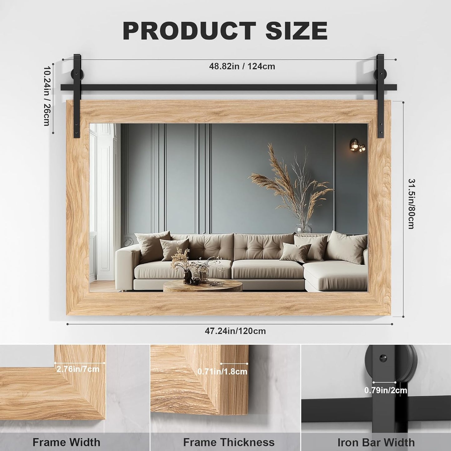 Hasipu Farmhouse Bathroom Mirror, 48"x32" Rustic Wood Framed Wall Mounted Mirror, Brown Vintage Vanity Mirror Barn Door Style Decrative Mirrors