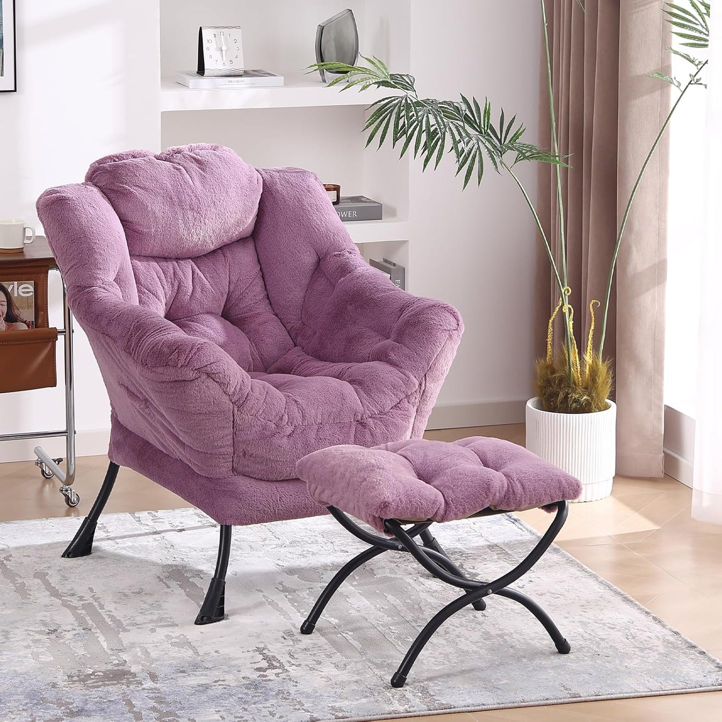 Lazy Chair with Folding Ottoman, Modern Accent Lounge Armchair with Armrests and a Side Pocket & Foldable Footstool, Leisure Reading Chair for Living Room, Bedroom, Dorm & Office, Plush Purpl