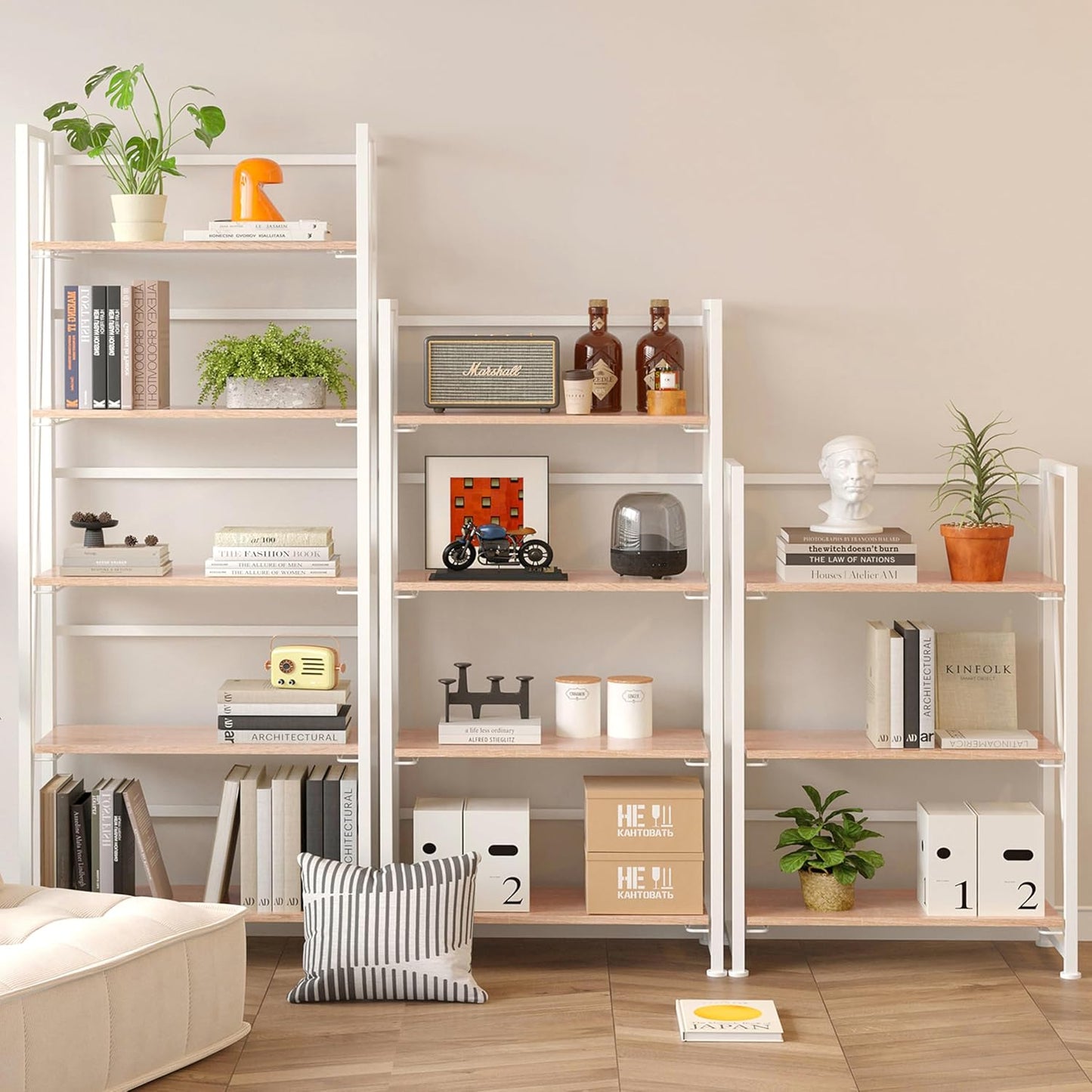 BHG Vintage Multifunctional Folding Bookshelf, No-Assembly Plant Stand Storage Rack Shelves for Home Office (White, 5-Tier)