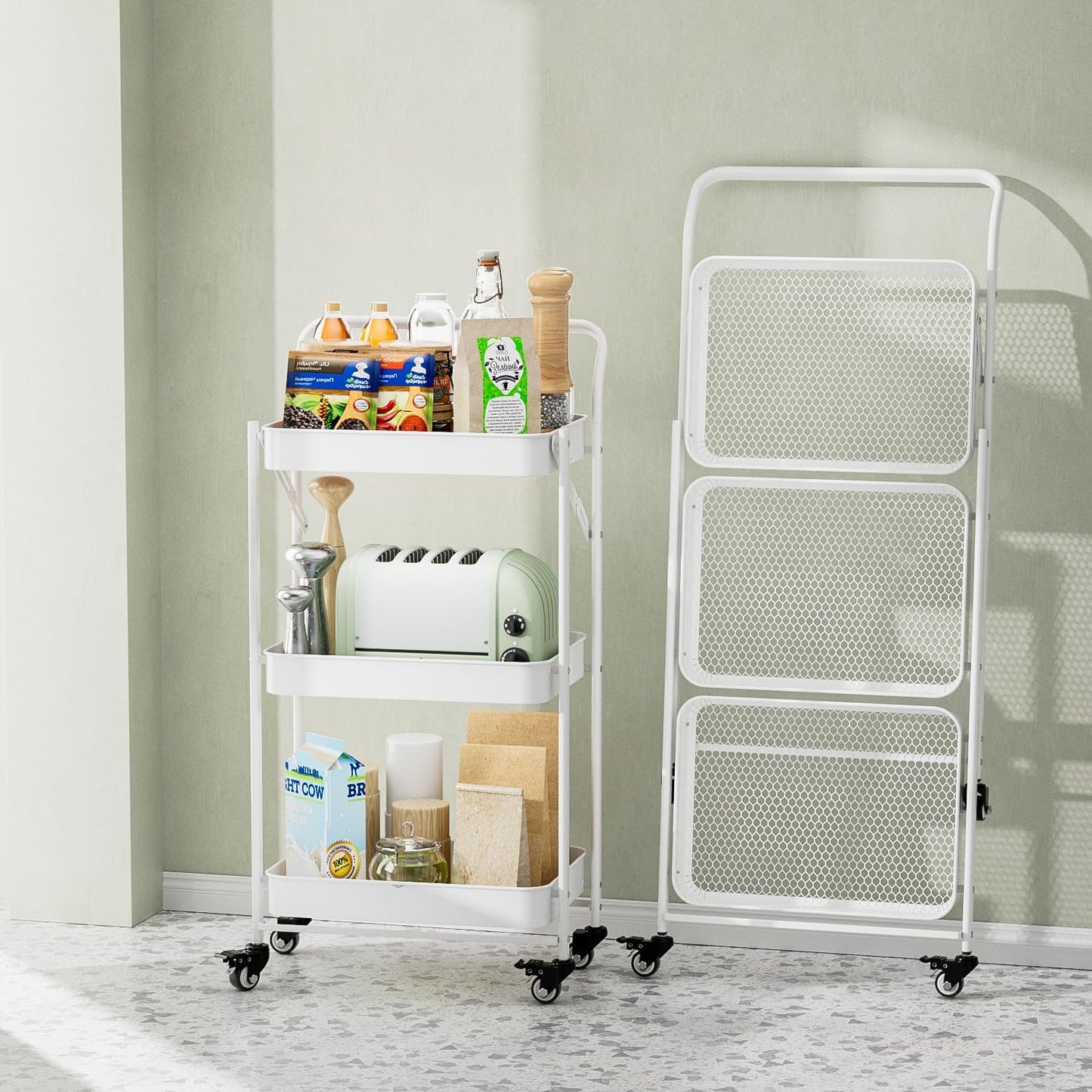 JAQ Foldable Rolling Cart, 3-Tier Metal Small Folding Storage Utility Carts Basket Rack Organizer with Handle on Wheels for Snacks Books Fruits for Kitchen Laundry Room Bathroom - (White, 3-Layer)
