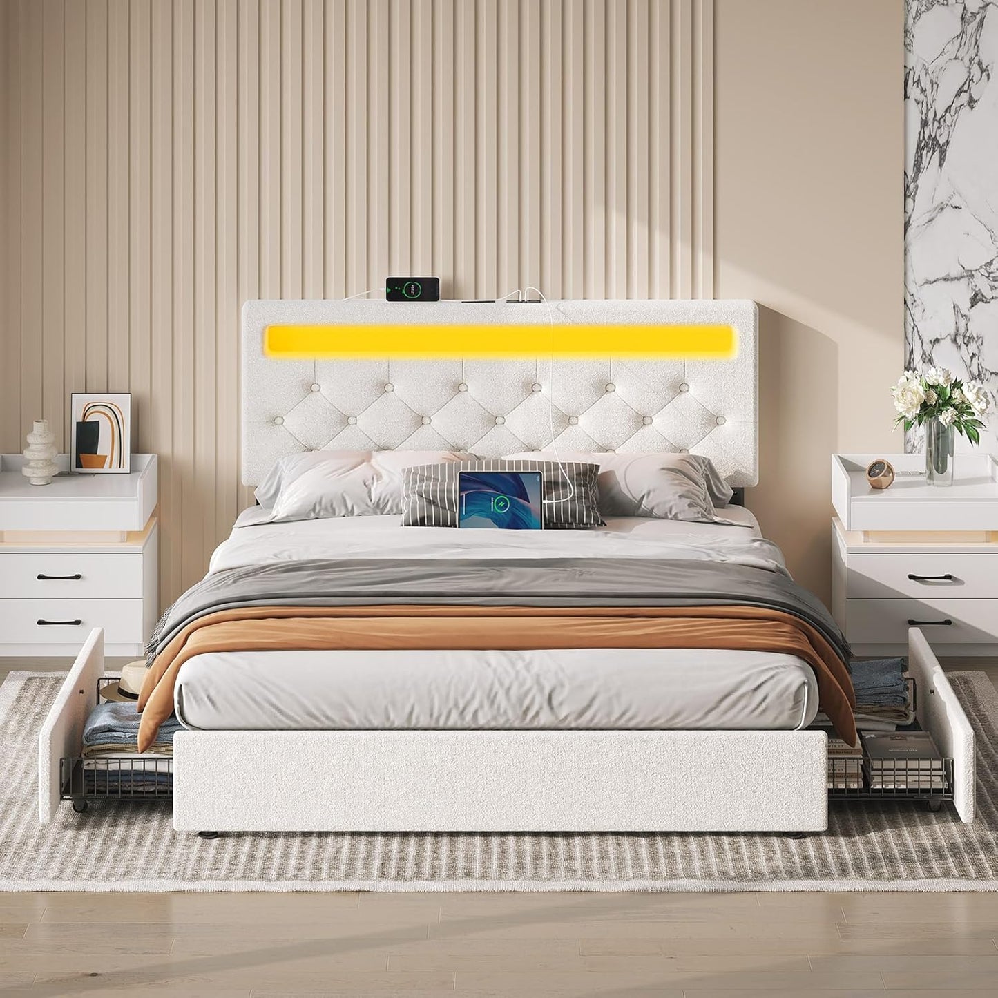 Rolanstar Full Size Bed Frame with 4 Storage Drawers and Charging Station, Full Bed with Led Lights, 2 USB & 1 Type C, Adjustable Headboard 38.9/40.10 Inches, No Box Spring Needed, White