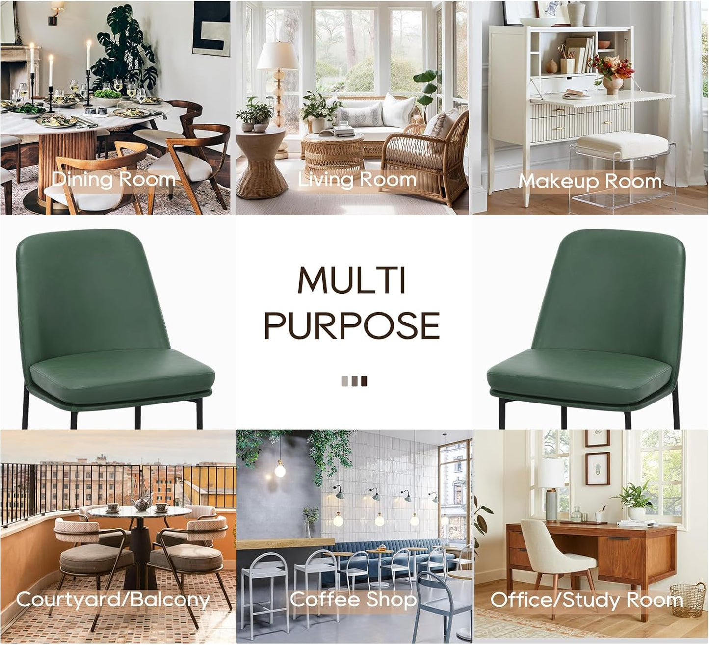 COLAMY Modern Dining Chairs Set of 2, Faux Leather Upholstered Dining Room Chairs Kitchen Chairs Dinner Chair with Curved Back and Metal Legs, Green